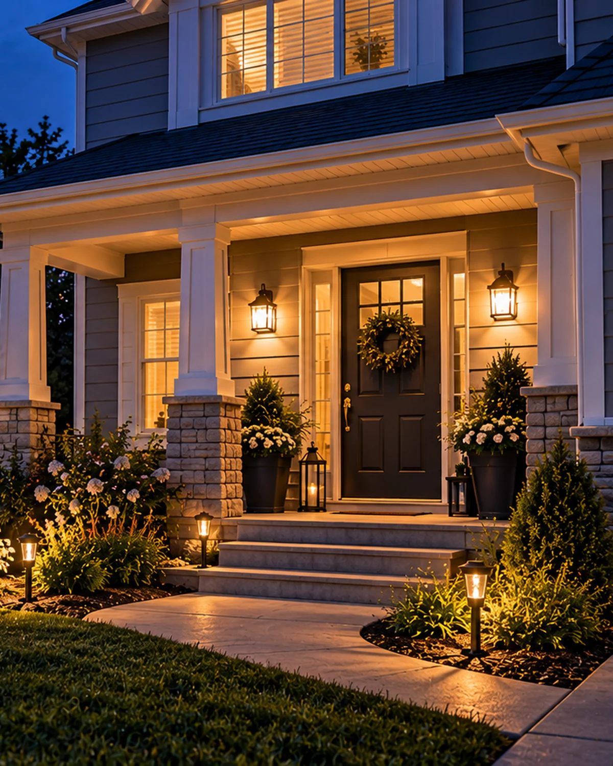 Welcoming suburban front porch and entry during blue hour