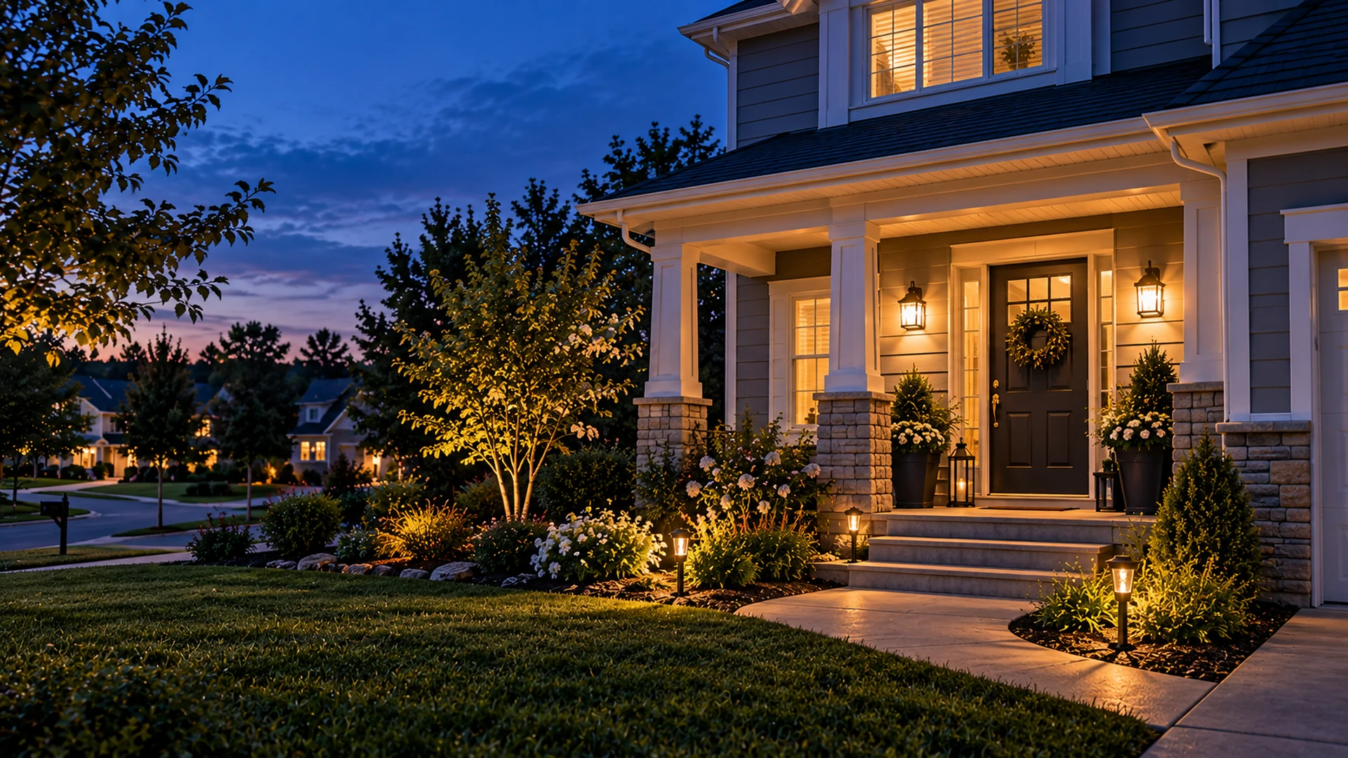 Welcoming suburban front porch and entry during blue hour
