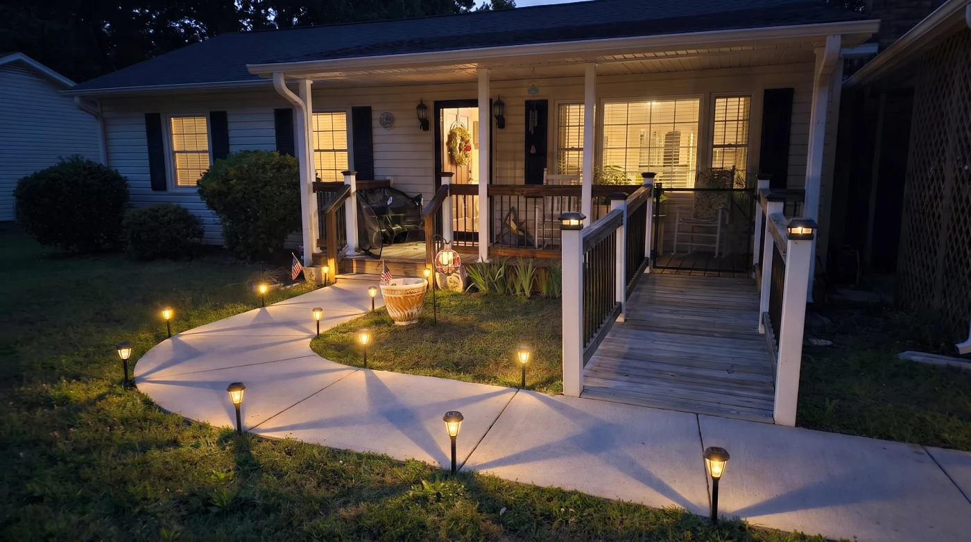 Solar path lights leading to a front porch