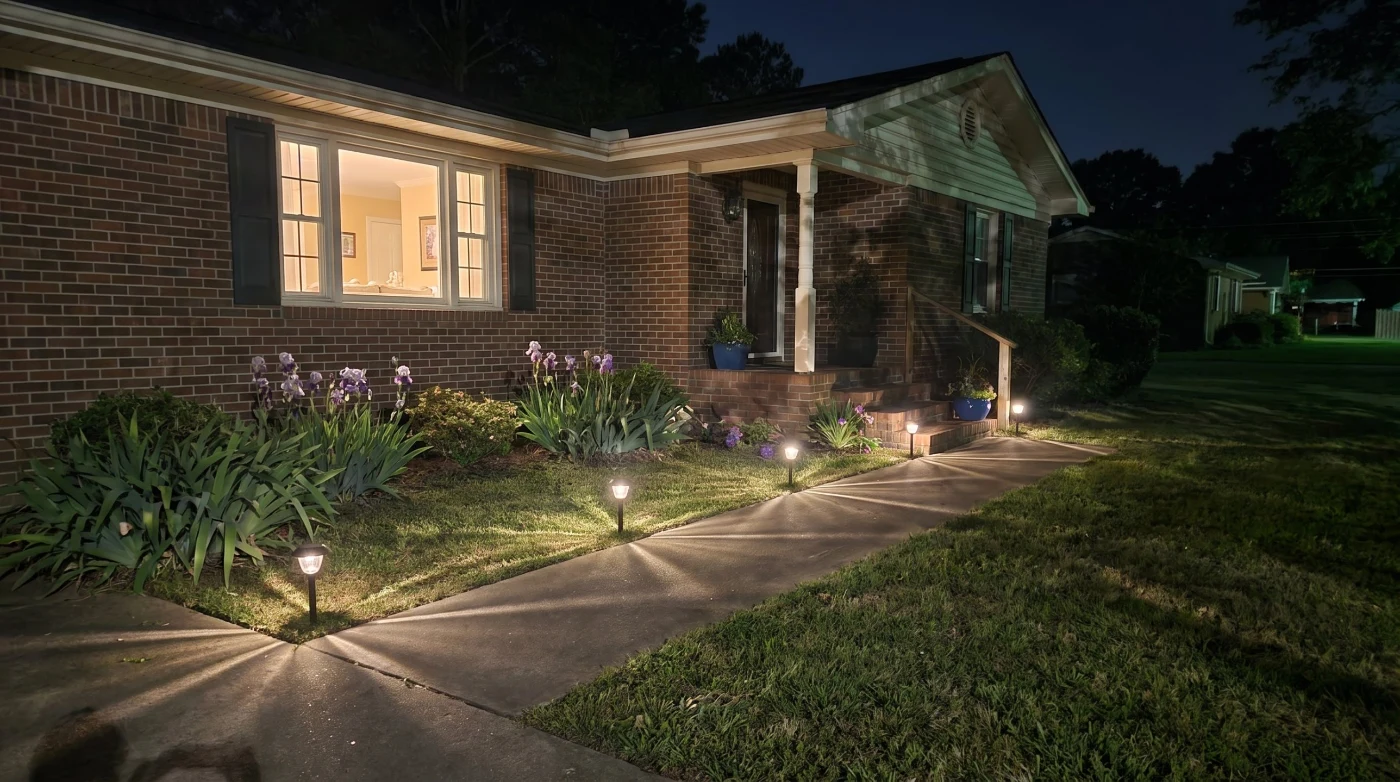 Solar path lights along a front walkway