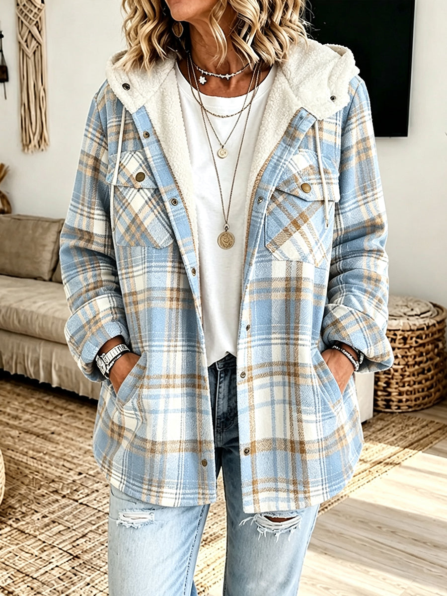 Last day 50% OFF🔥Casual Plaid Fleece Hooded Shacket