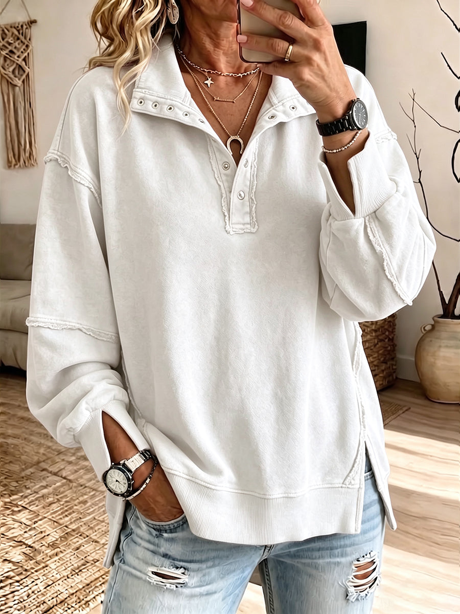 Last day 50% OFF🔥Casual Oversized Raw-edge Cotton Henley Sweatshirt