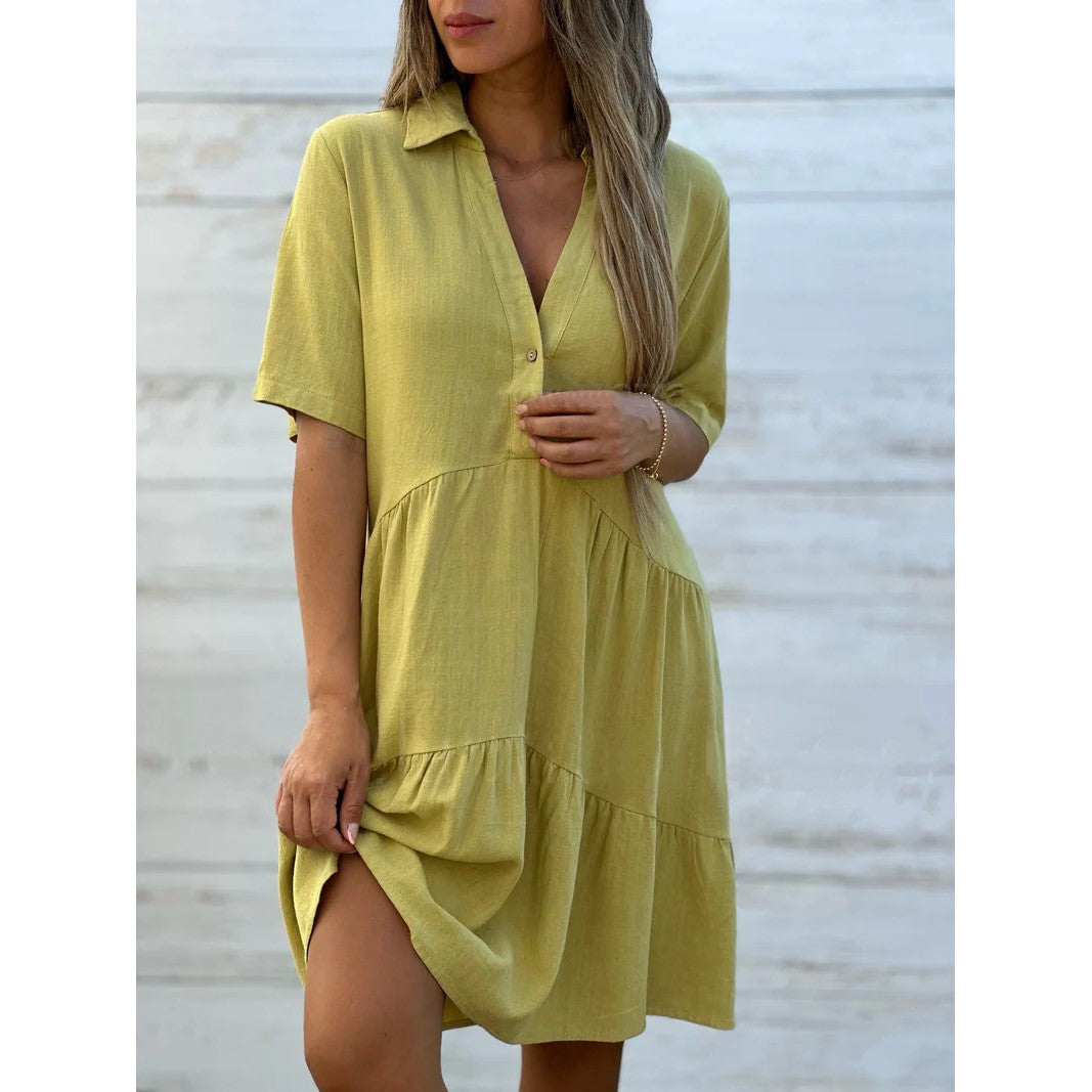 💝Solid-color, comfortable button-front dress with a collar