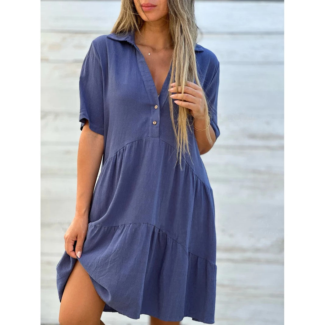 💝Solid-color, comfortable button-front dress with a collar