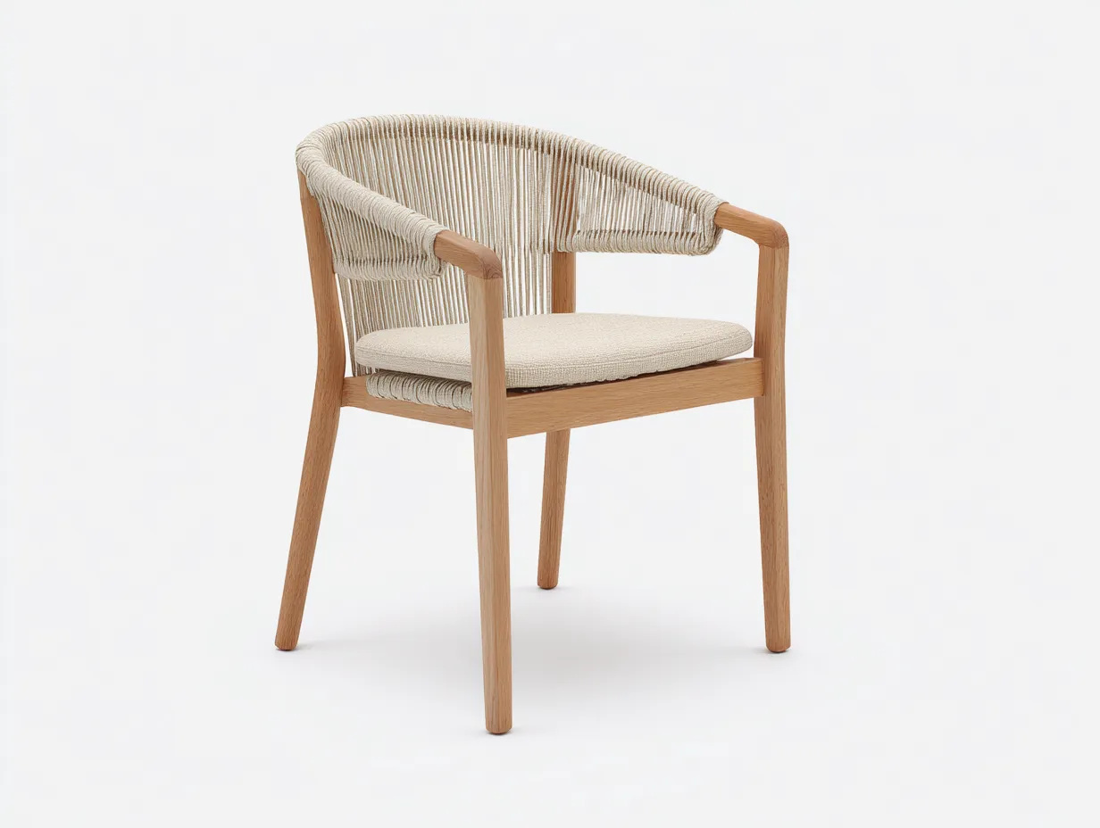 Silla de comedor para terraza 57×60×82 cm - cuerda marfil y madera clara - brazos abiertos-Manalyinterior