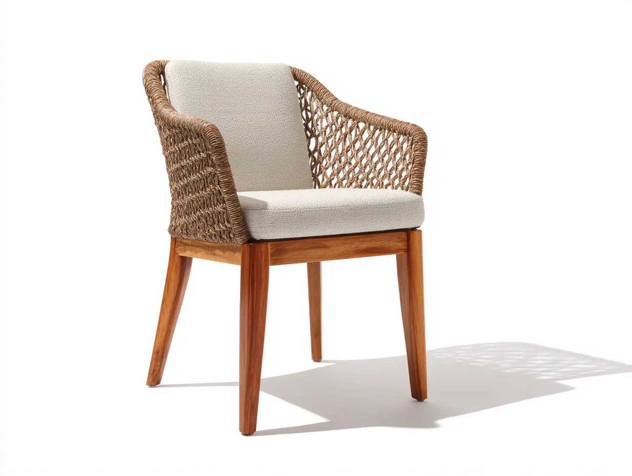 Silla de comedor exterior 60×62×87 cm - cuerda marrón natural y tejido crema - respaldo abierto de madera-Manalyinterior