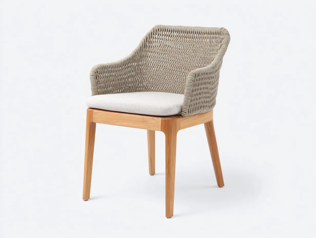 Silla de comedor de madera y cuerda tamaño estándar - madera miel y greige - respaldo tejido para exterior-Manalyinterior
