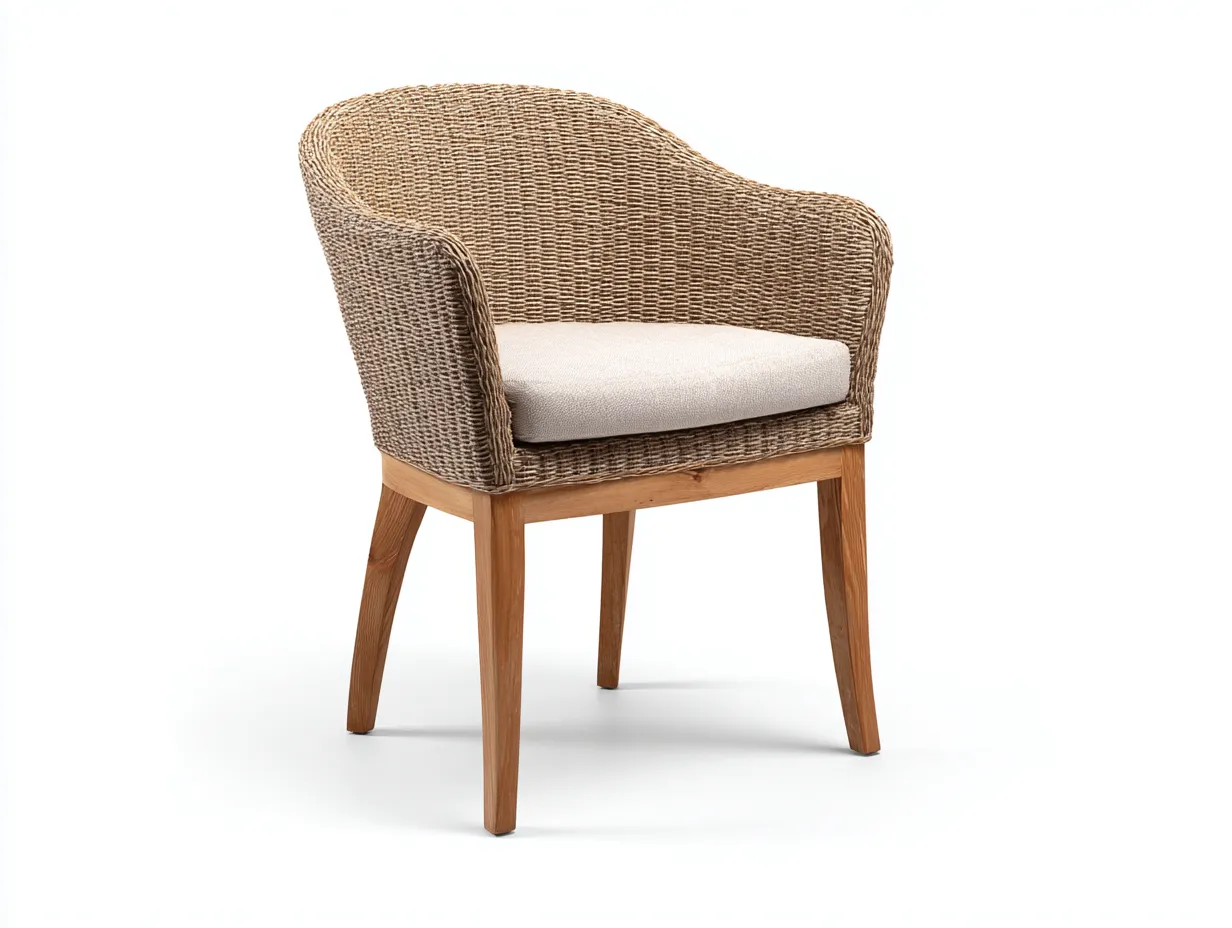 Silla de comedor para terraza 61×60×84 cm - fibra trenzada beige y cojín crema - diseño envolvente de madera-Manalyinterior