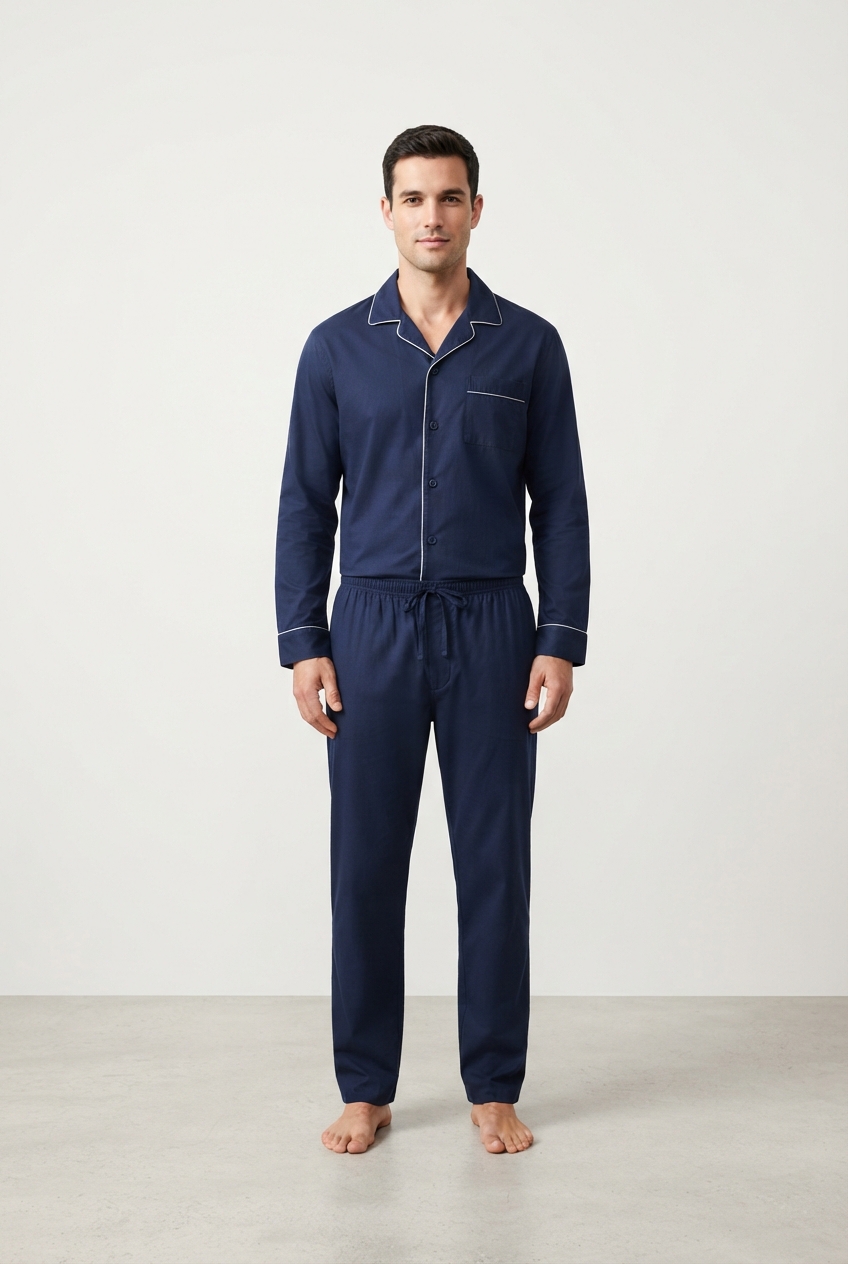 Men's navy minimalist cotton pajama set with long sleeves