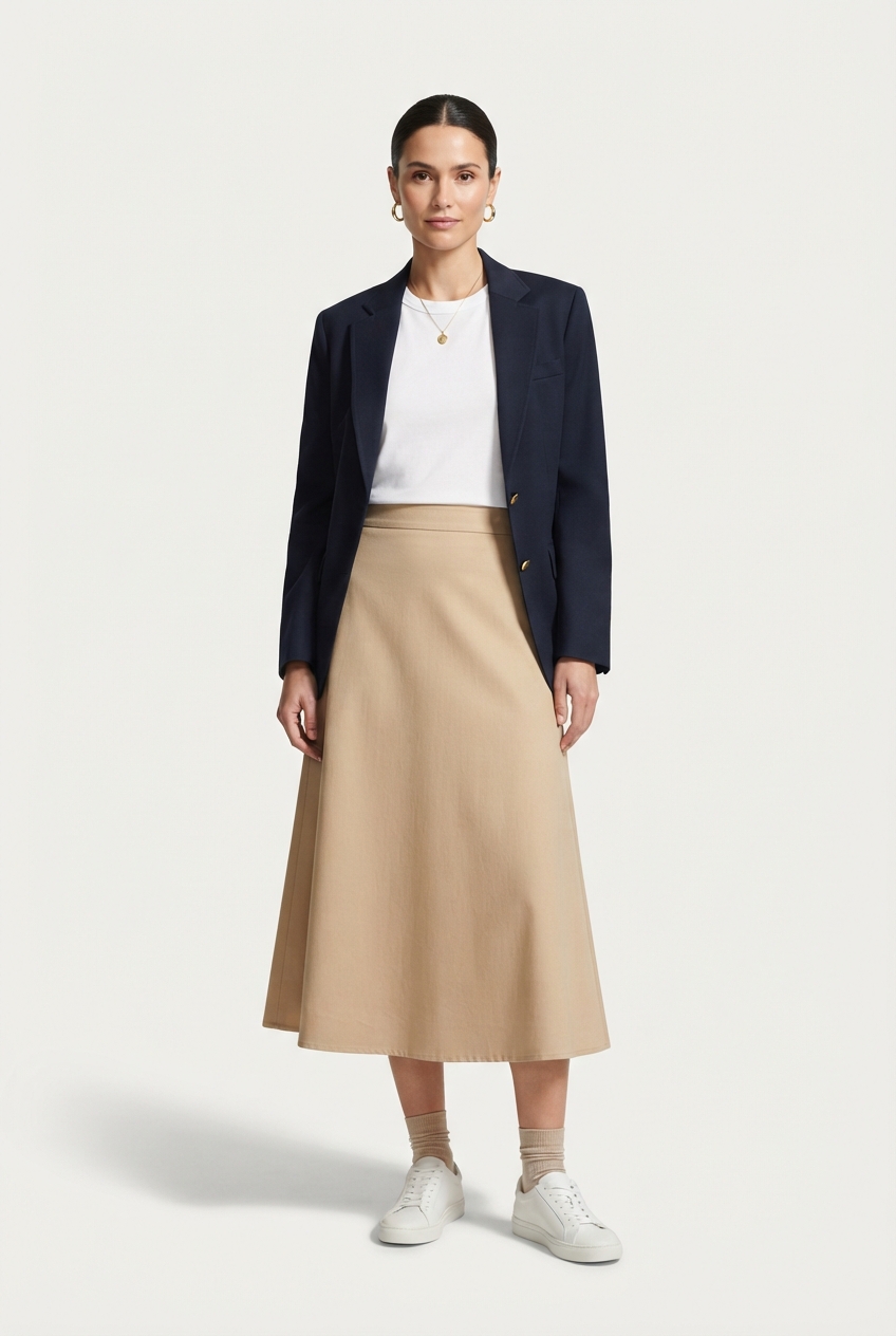 Women's beige minimalist A-line midi skirt