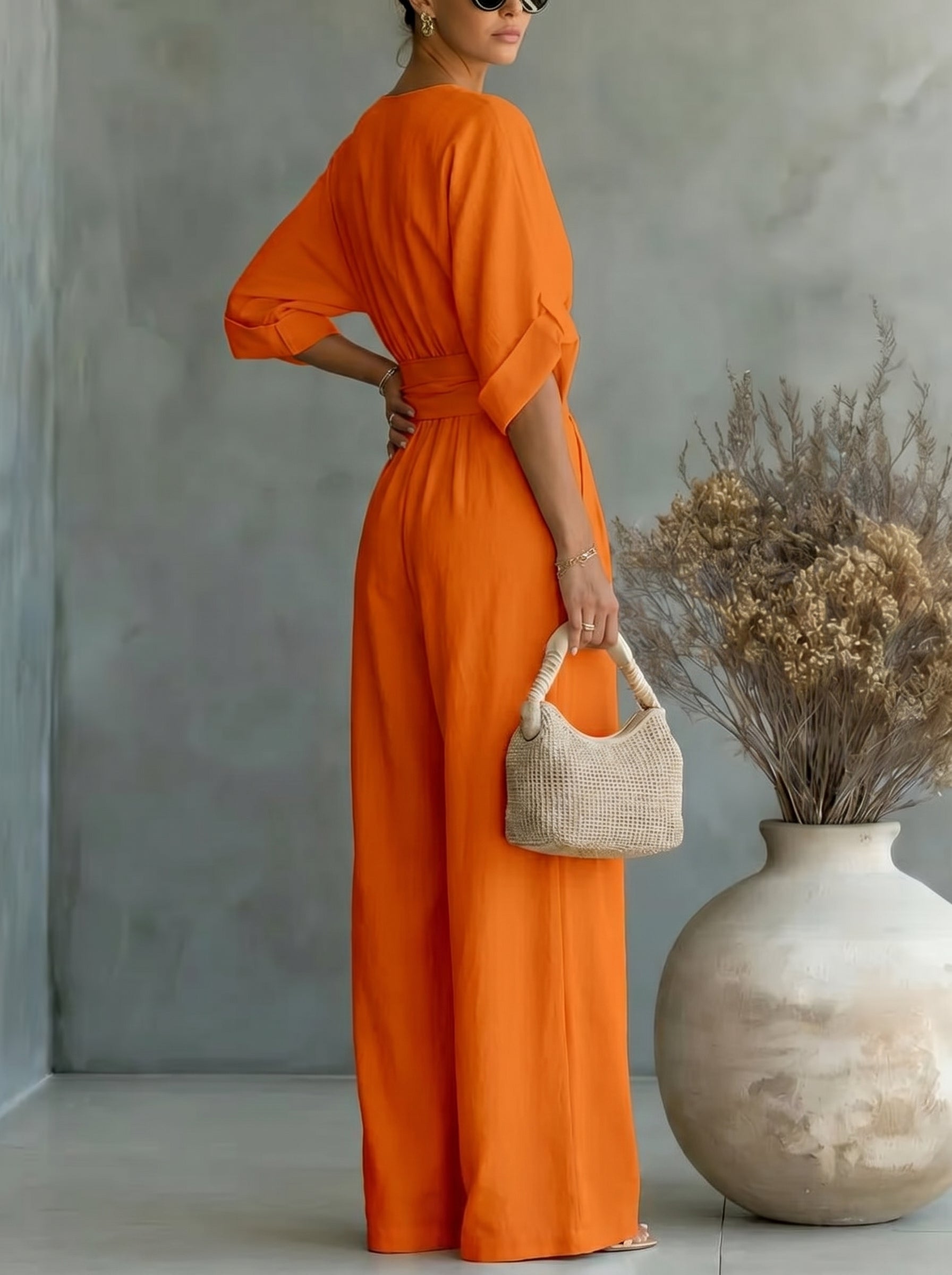 Elegant Vacation Casual Fashion V-neck Waist Jumpsuit