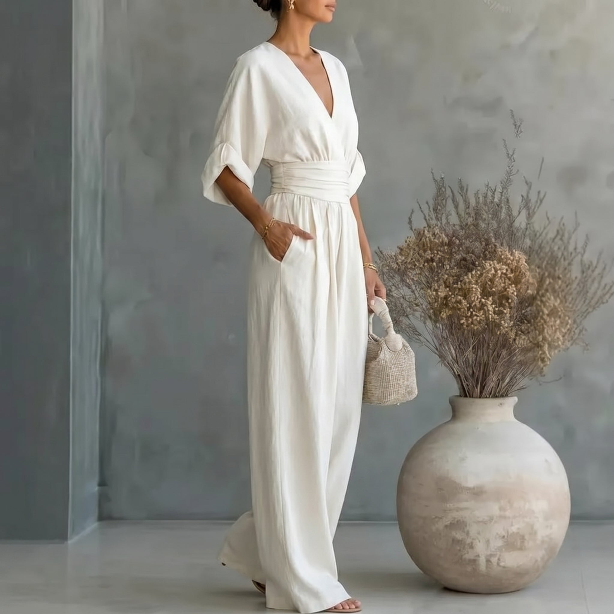 Elegant Vacation Casual Fashion V-neck Waist Jumpsuit