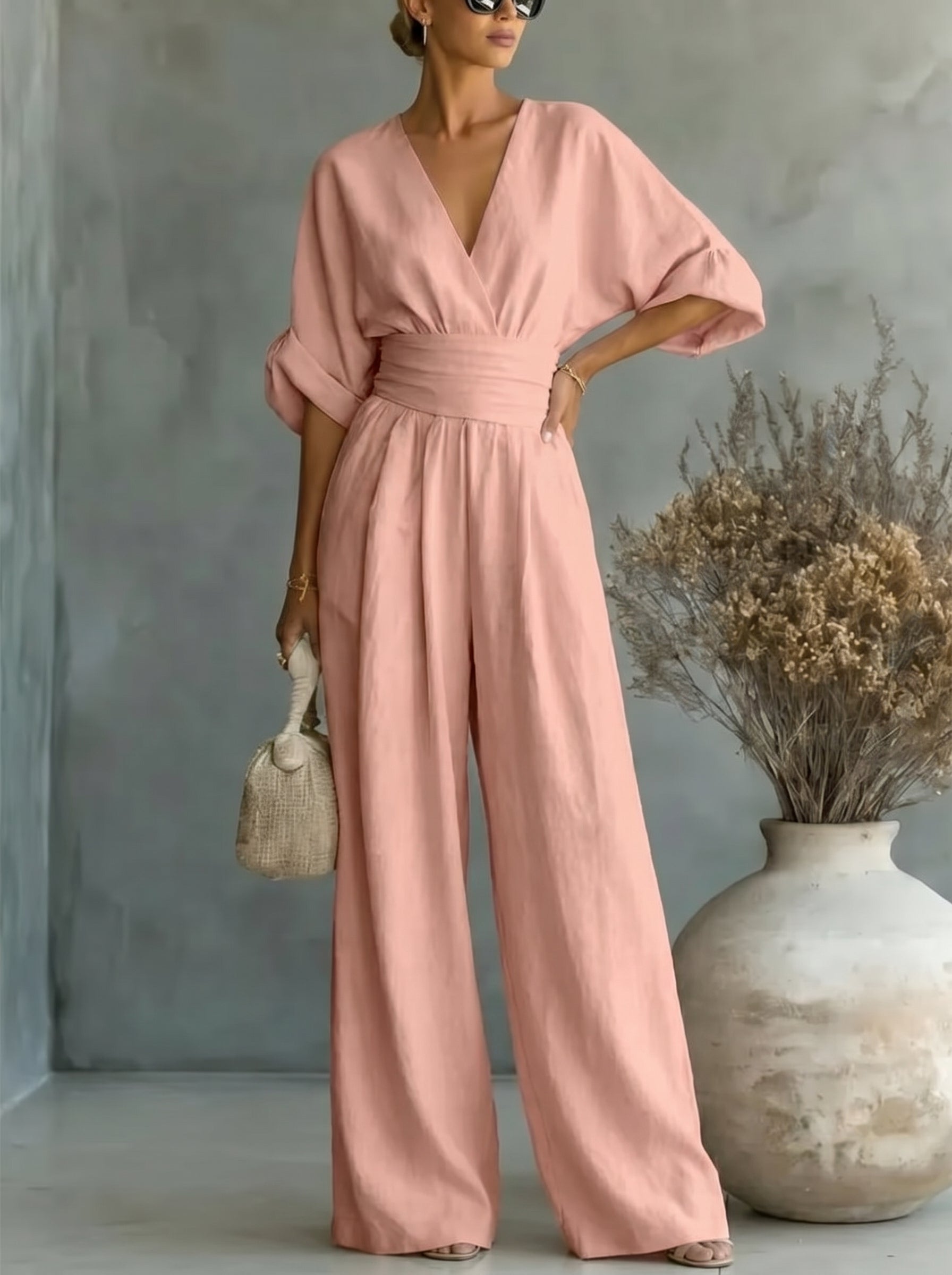 Elegant Vacation Casual Fashion V-neck Waist Jumpsuit
