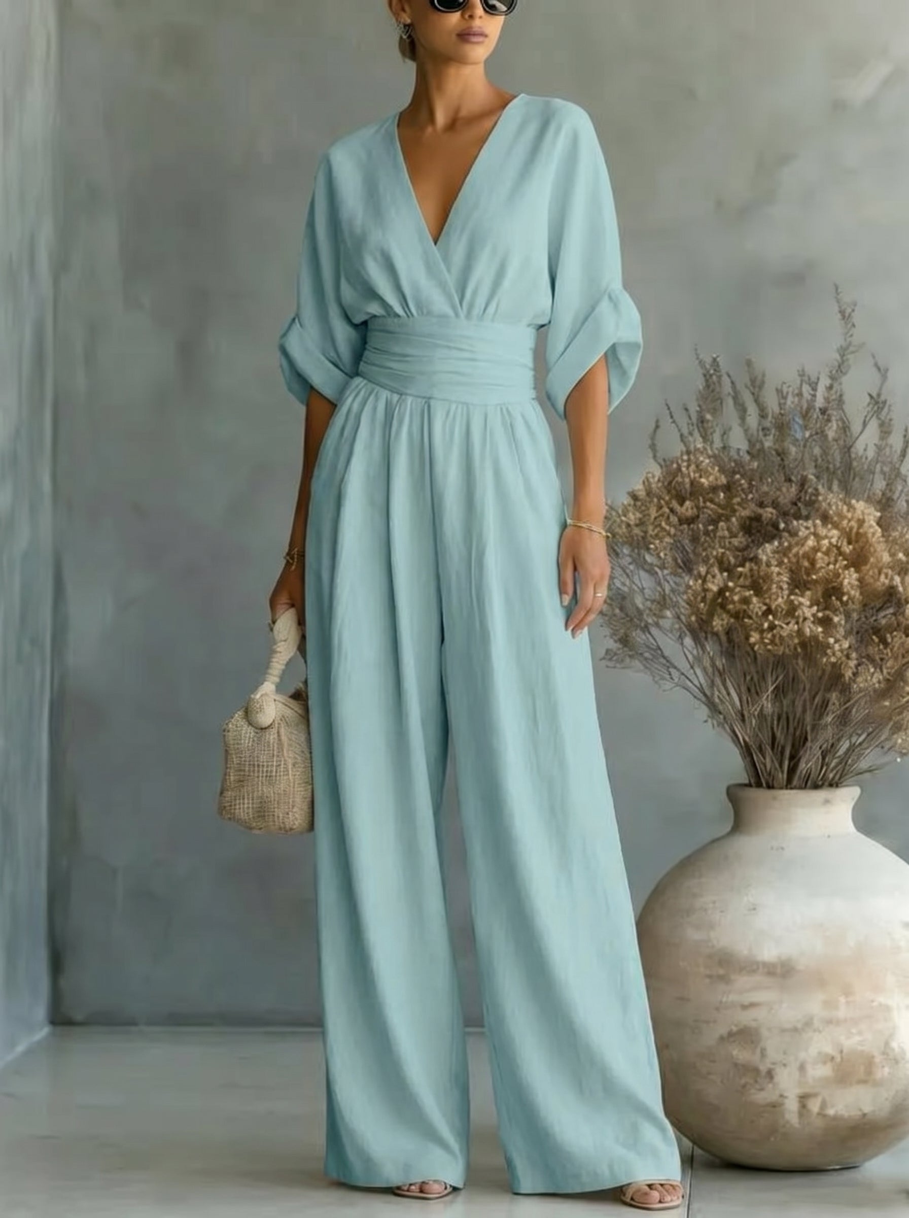 Elegant Vacation Casual Fashion V-neck Waist Jumpsuit