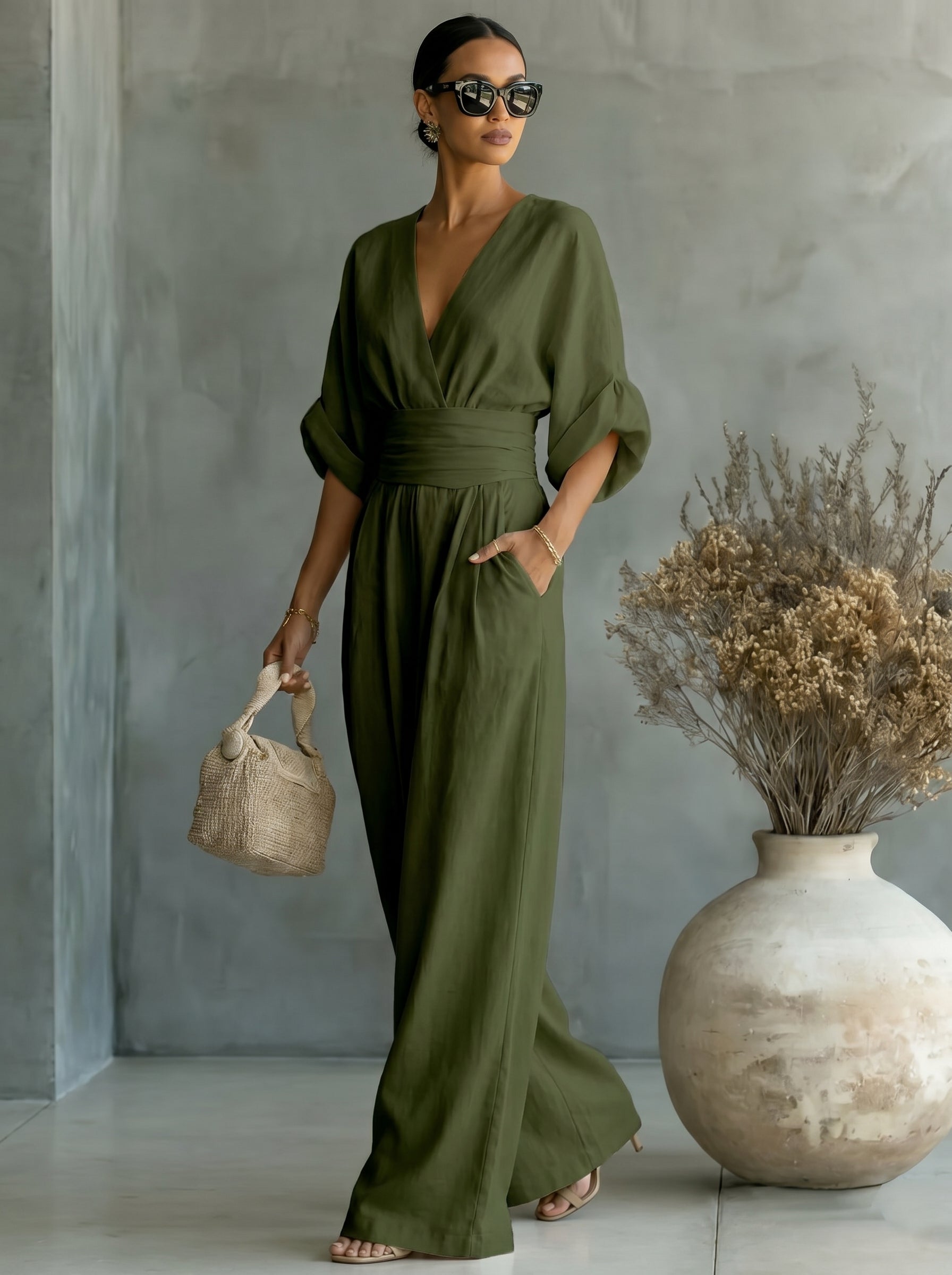 Elegant Vacation Casual Fashion V-neck Waist Jumpsuit