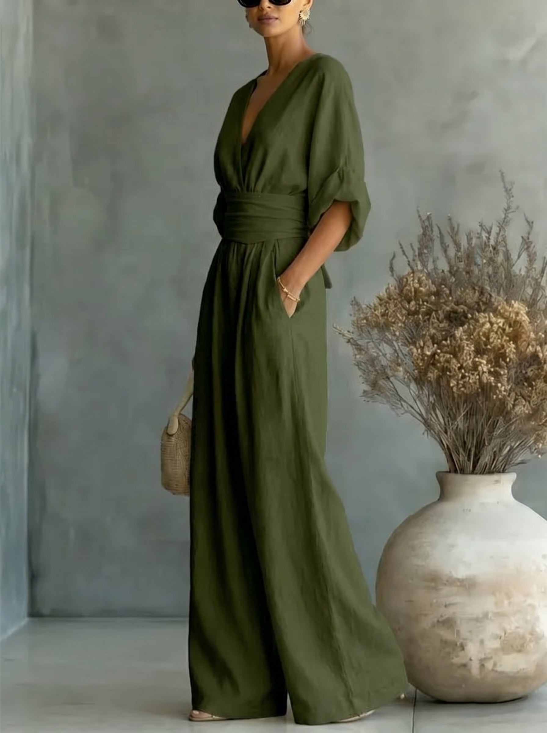 Elegant Vacation Casual Fashion V-neck Waist Jumpsuit
