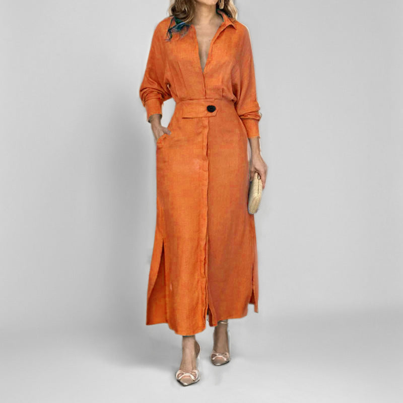 Lace-up Solid Color Waist Long Sleeve Irregular Shirt Dress
