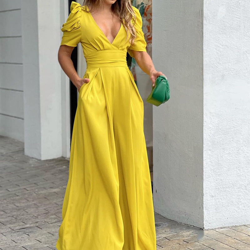 Women's V-Neck Puff Sleeve Wide Leg Jumpsuit – High Waist Pleated Romper with Side Pockets