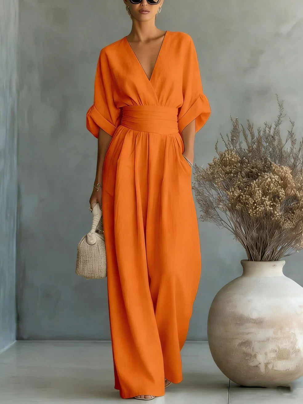 Elegant Vacation Casual Fashion V-neck Waist Jumpsuit