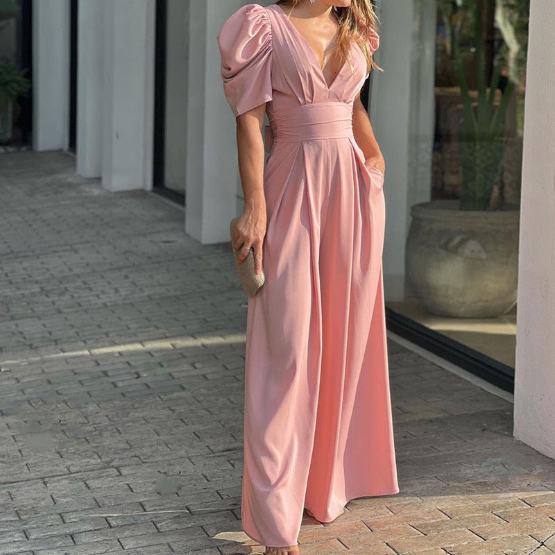 Women's V-Neck Puff Sleeve Wide Leg Jumpsuit – High Waist Pleated Romper with Side Pockets