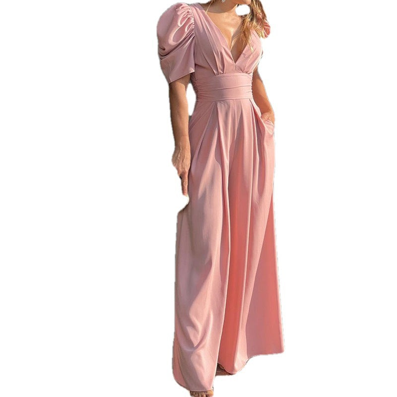 Women's V-Neck Puff Sleeve Wide Leg Jumpsuit – High Waist Pleated Romper with Side Pockets