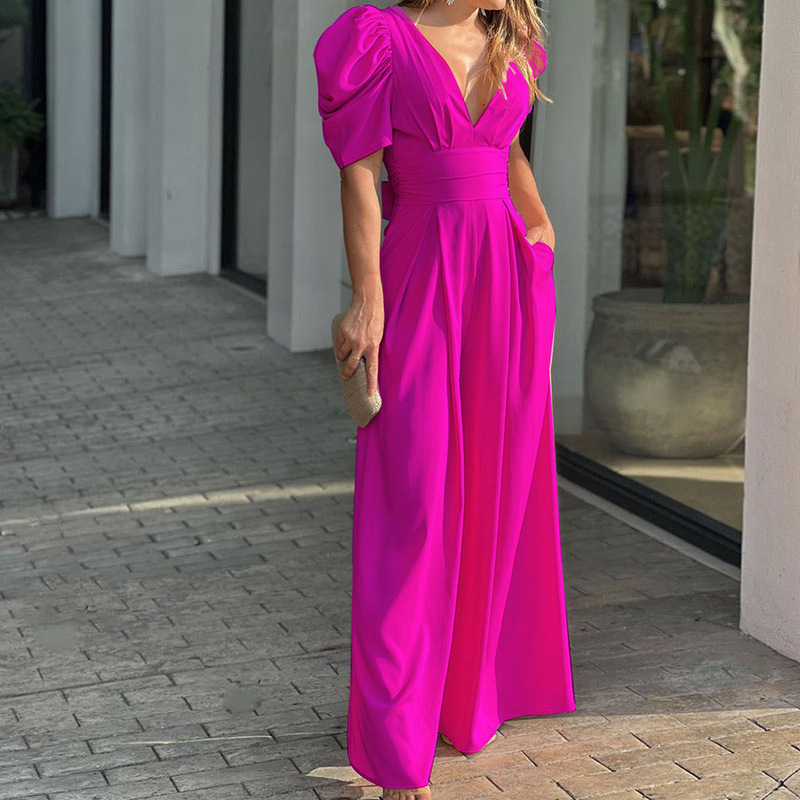 Women's V-Neck Puff Sleeve Wide Leg Jumpsuit – High Waist Pleated Romper with Side Pockets