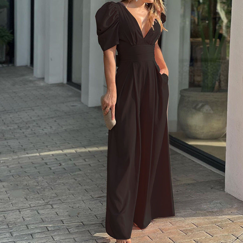 Women's V-Neck Puff Sleeve Wide Leg Jumpsuit – High Waist Pleated Romper with Side Pockets