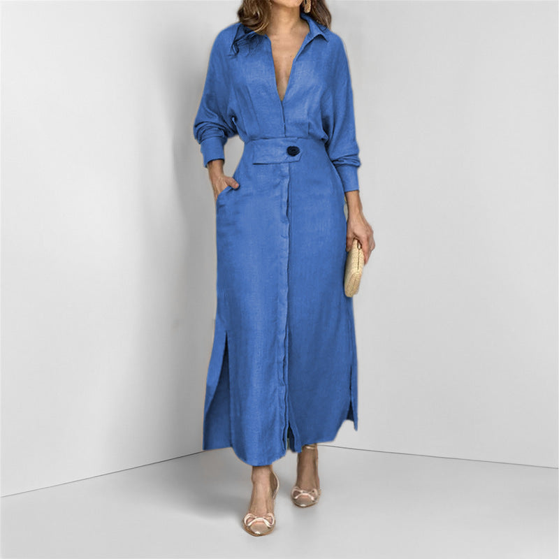 Lace-up Solid Color Waist Long Sleeve Irregular Shirt Dress