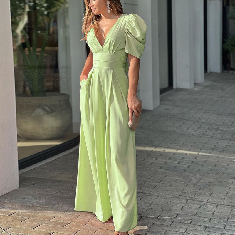Women's V-Neck Puff Sleeve Wide Leg Jumpsuit – High Waist Pleated Romper with Side Pockets