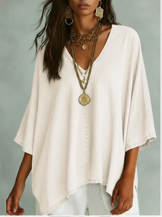 Women’s Relaxed V-Neck Chambray Blouse – Loose Fit & Plus-Size Friendly