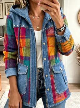 Chic Denim Patchwork Suede Hooded Jacket