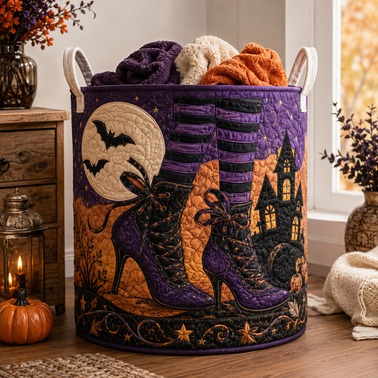 Halloween Witch Boots Pumpkin Storage Basket, Purple Spooky Moon Fabric Hamper Fall Organizer