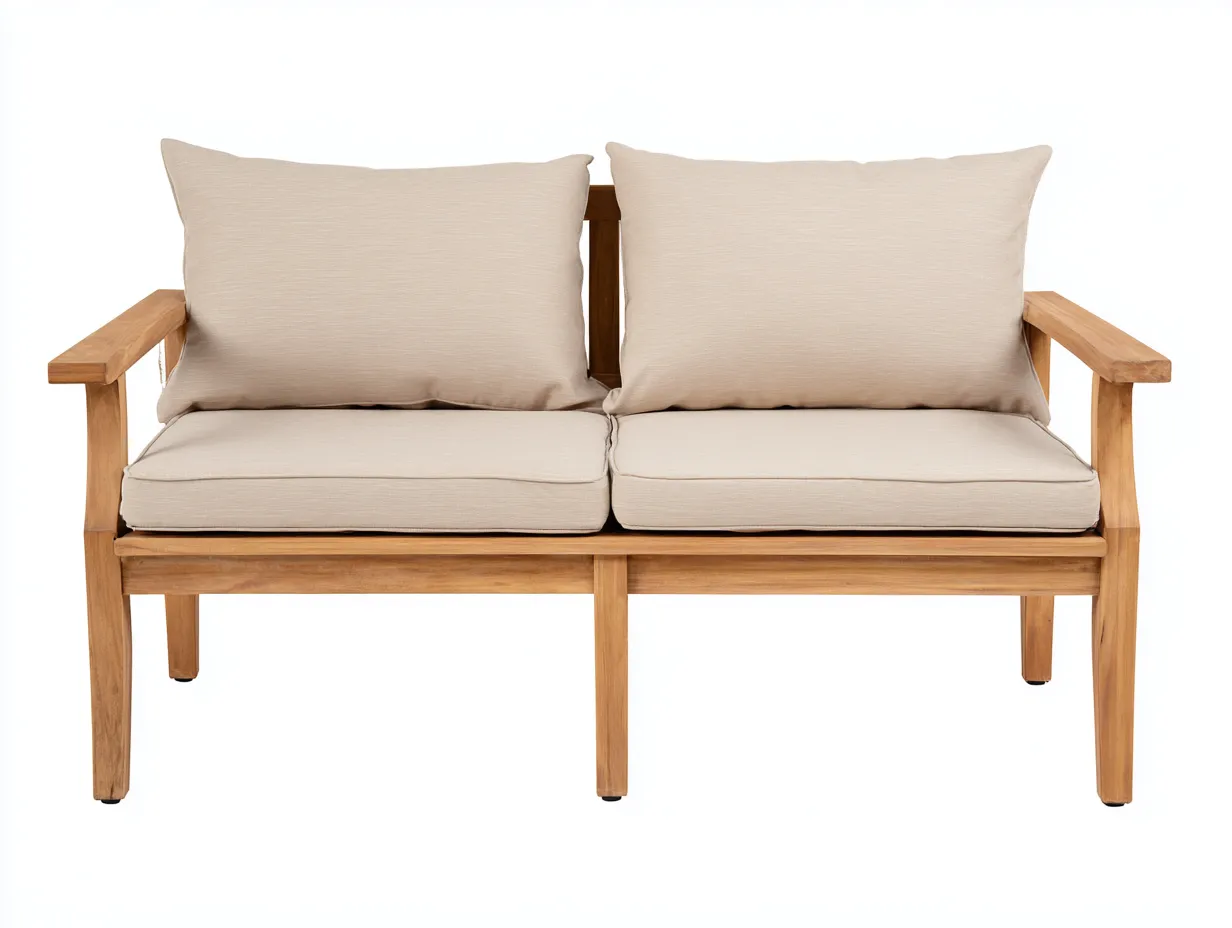 Sofá de exterior de 2 plazas de madera 162×84×83 cm - beige lino y madera dorada - respaldo mullido para terraza-Davialyliving