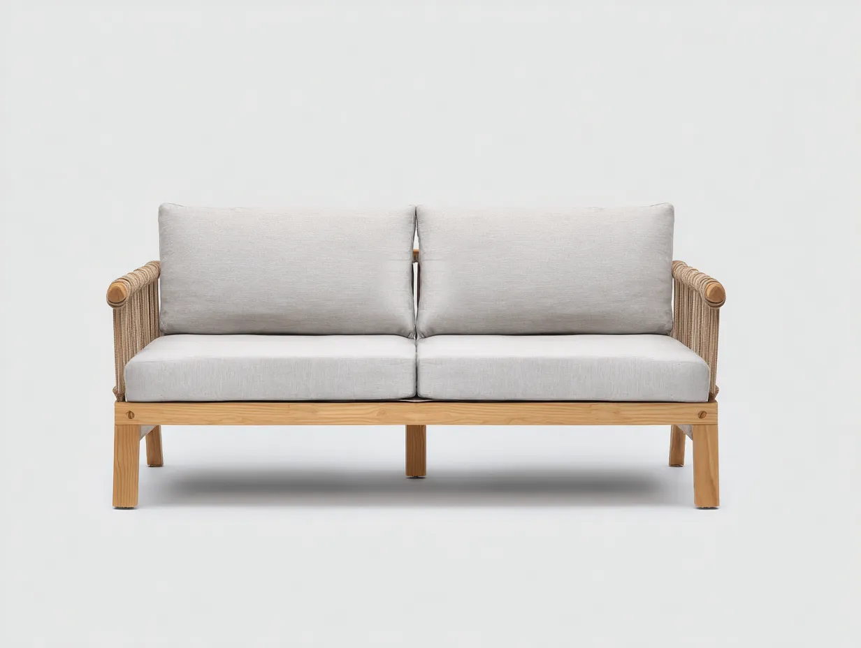 Sofá de exterior de 2 plazas 170×82×80 cm - madera natural y gris perla - laterales de cuerda para terraza-Davialyliving