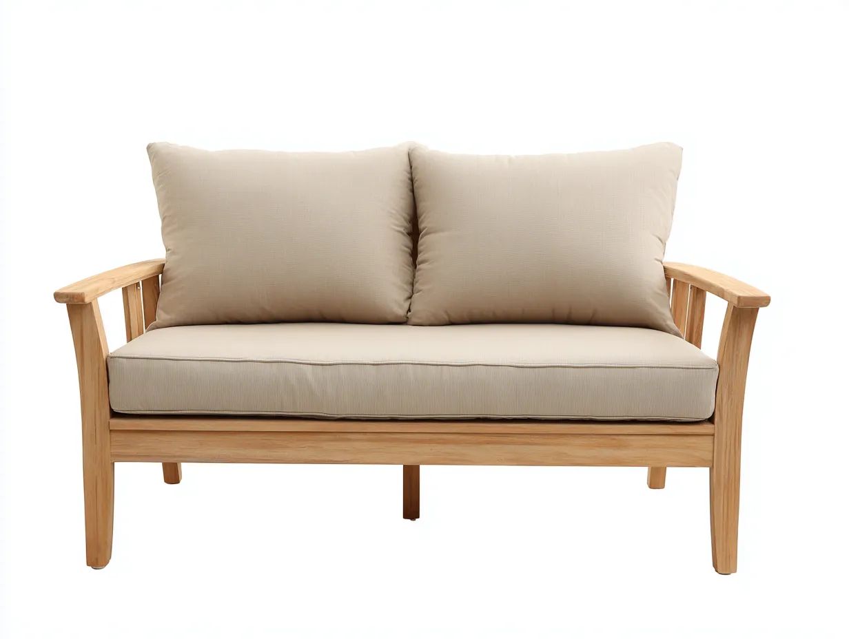 Sofá de exterior 2 plazas 174×84×80 cm - madera natural y beige - asiento corrido-Davialyliving