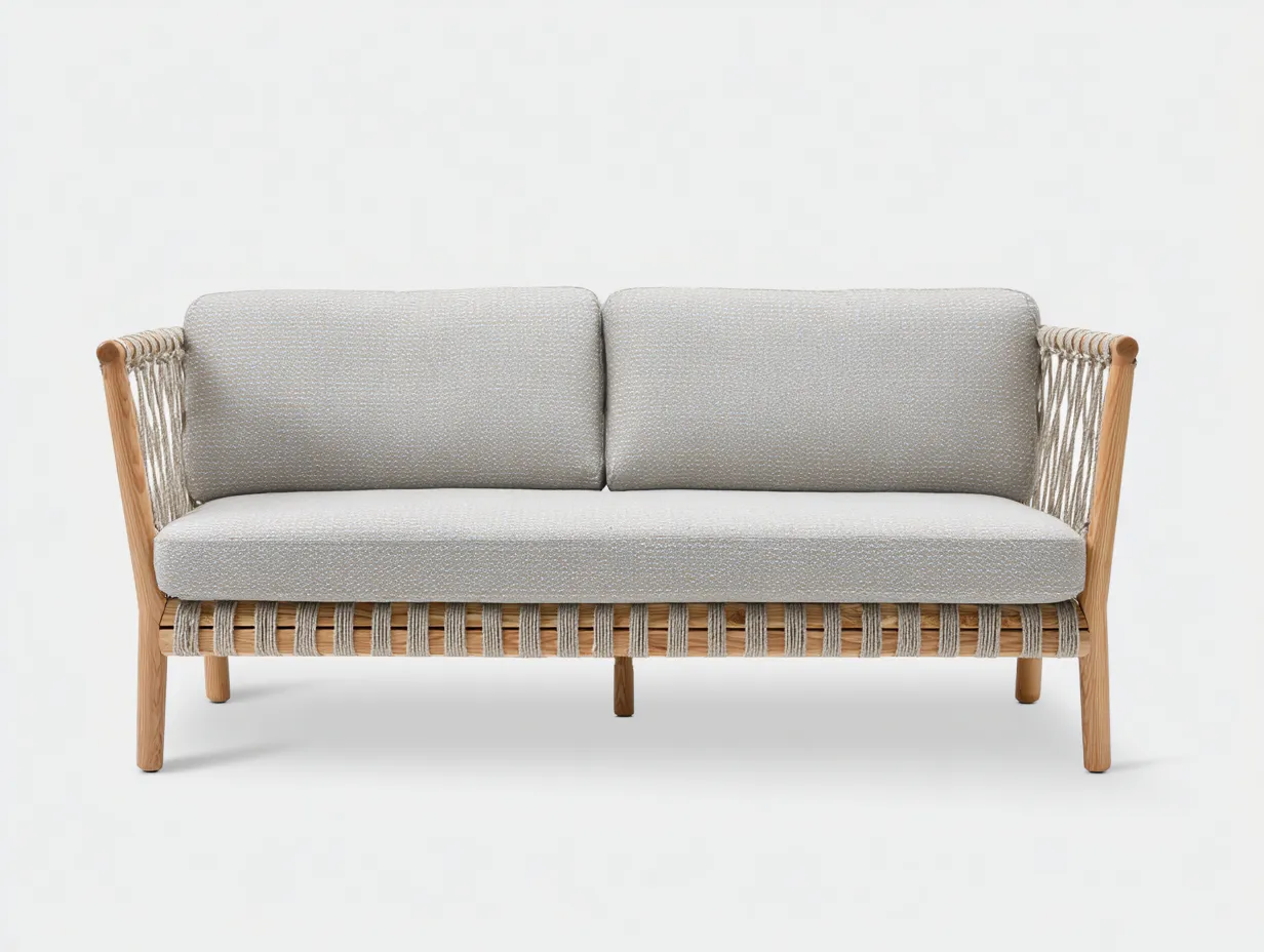 Sofá de exterior 2 plazas 168×82×78 cm - madera natural y gris claro - laterales trenzados-Davialyliving