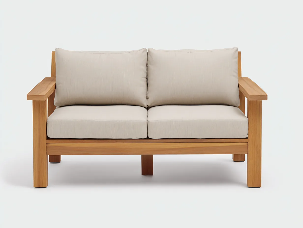 Sofá de exterior de 2 plazas de madera 156×82×80 cm - crema y madera miel - asiento profundo para terraza-Davialyliving