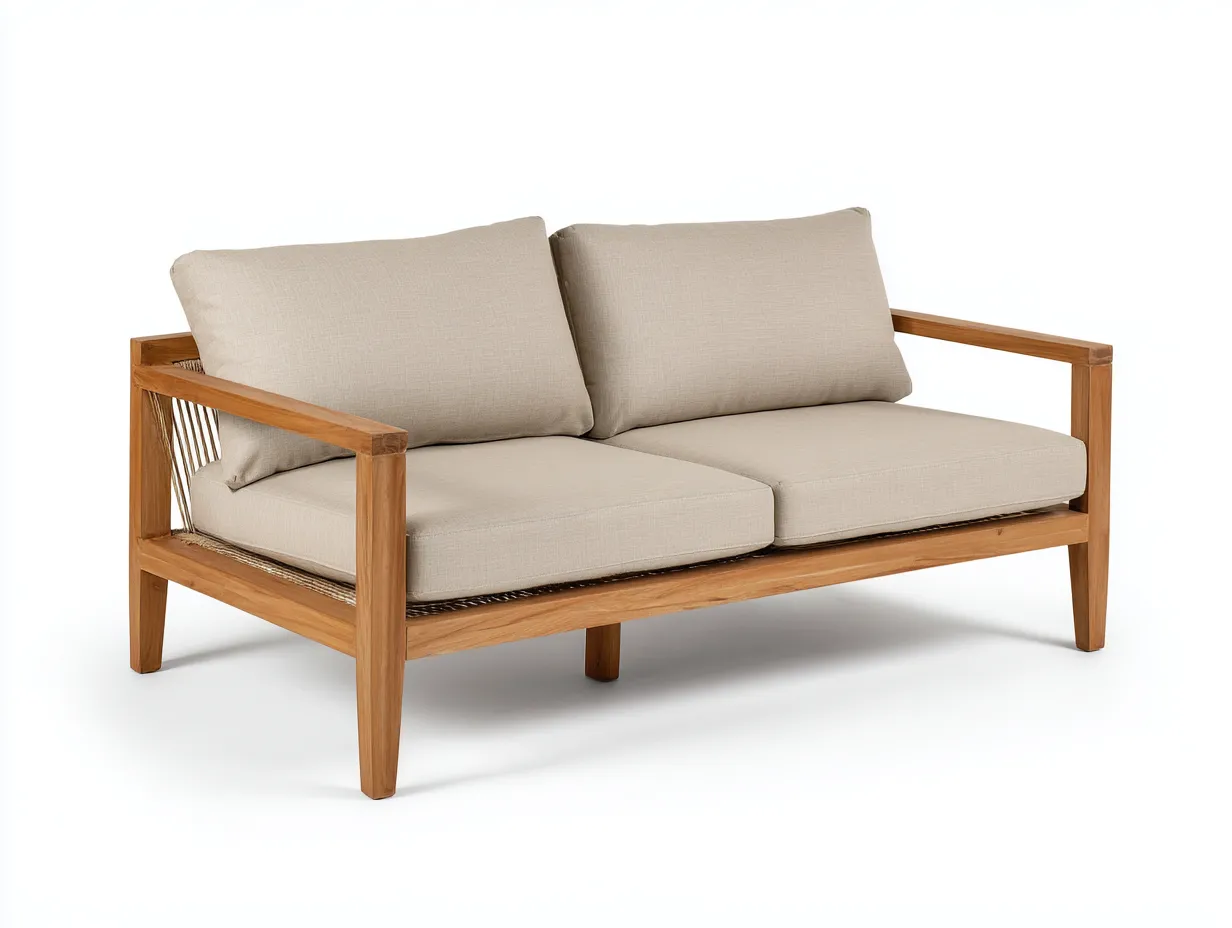 Sofá de exterior 2 plazas 182×84×80 cm - madera miel y beige - laterales con cuerda-Davialyliving