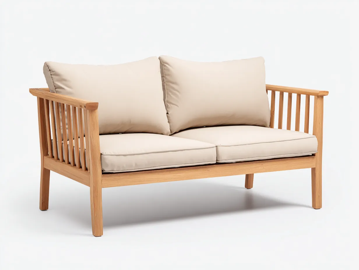 Sofá de exterior de 2 plazas de madera 168×84×82 cm - beige arena y madera natural - laterales de listones para terraza-Davialyliving