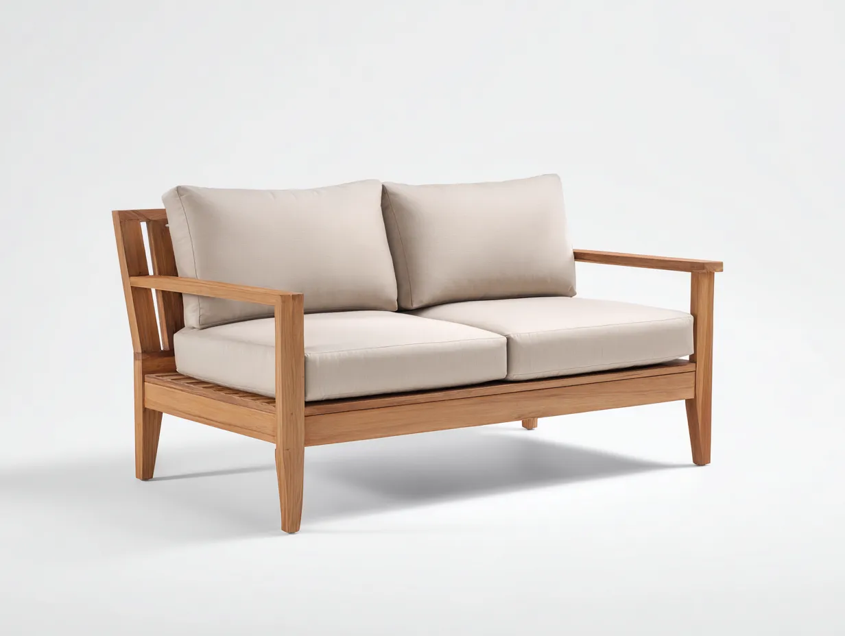Sofá de exterior 2 plazas 188×82×78 cm - madera natural y beige - respaldo inclinado-Davialyliving