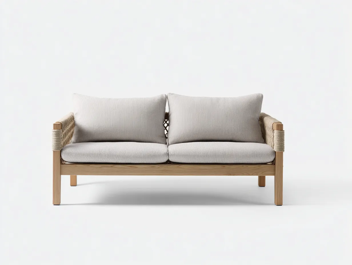 Sofá de exterior de 2 plazas 166×84×79 cm - madera miel y blanco roto - brazos tejidos de estilo natural-Davialyliving