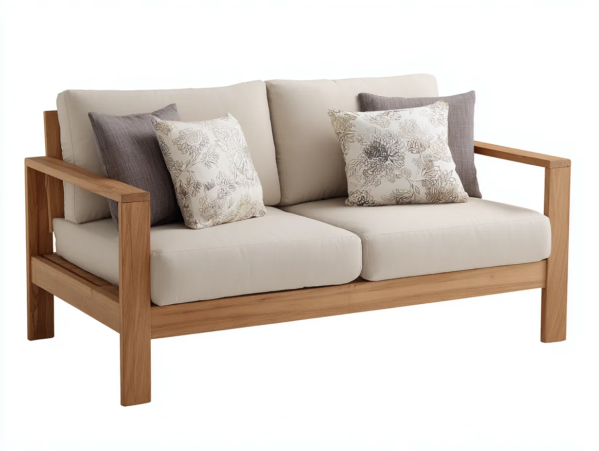 Sofá de exterior de 2 plazas de madera 164×86×82 cm - beige piedra y madera miel - respaldo acolchado para terraza-Davialyliving