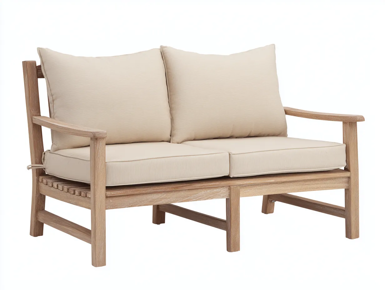 Sofá de exterior de 2 plazas de madera 160×85×82 cm - marfil y madera lavada - asiento profundo para terraza-Davialyliving