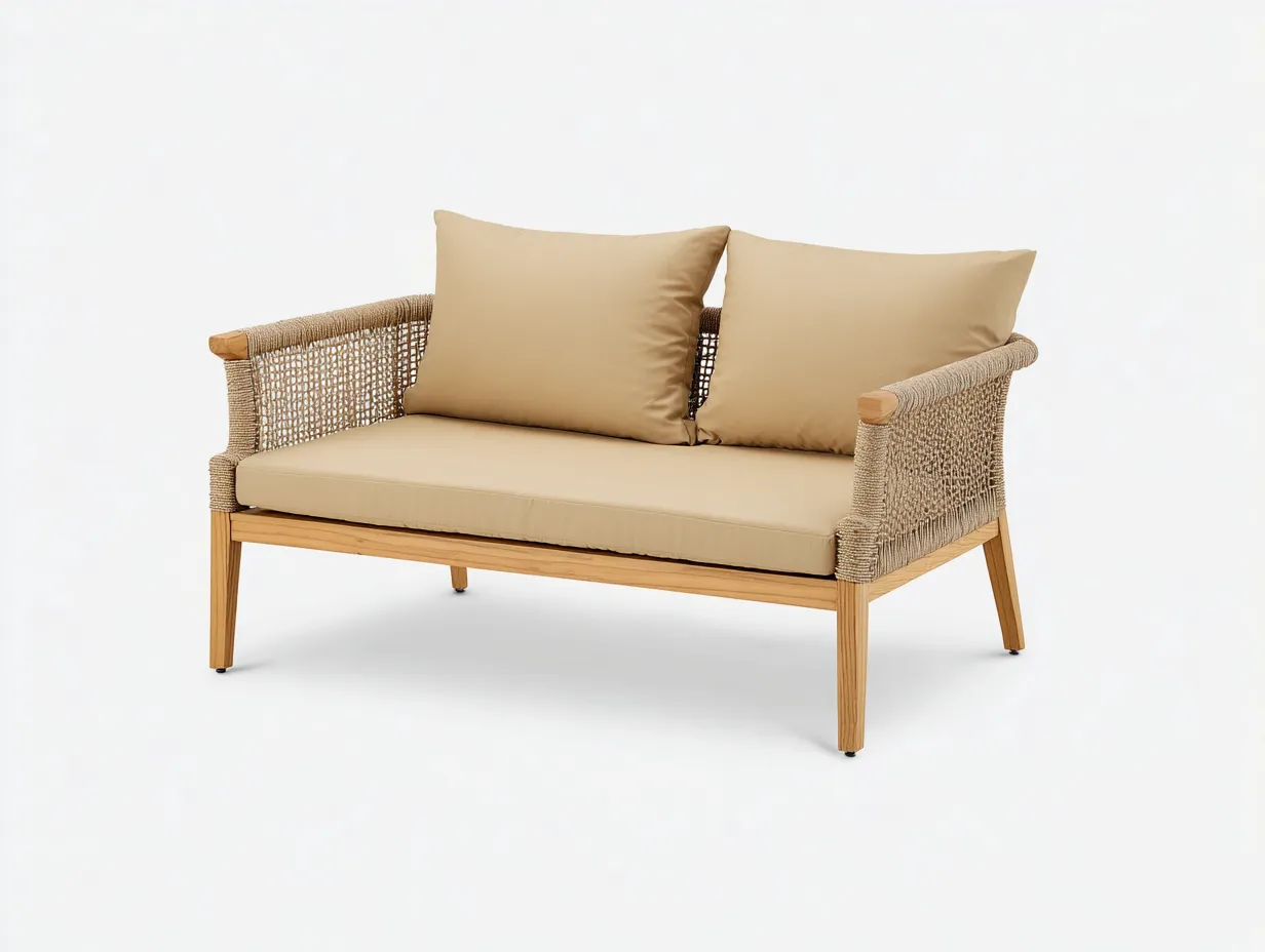 Sofá de exterior de 2 plazas de madera y cuerda 158×80×81 cm - camel y madera natural - brazos tejidos para terraza-Davialyliving