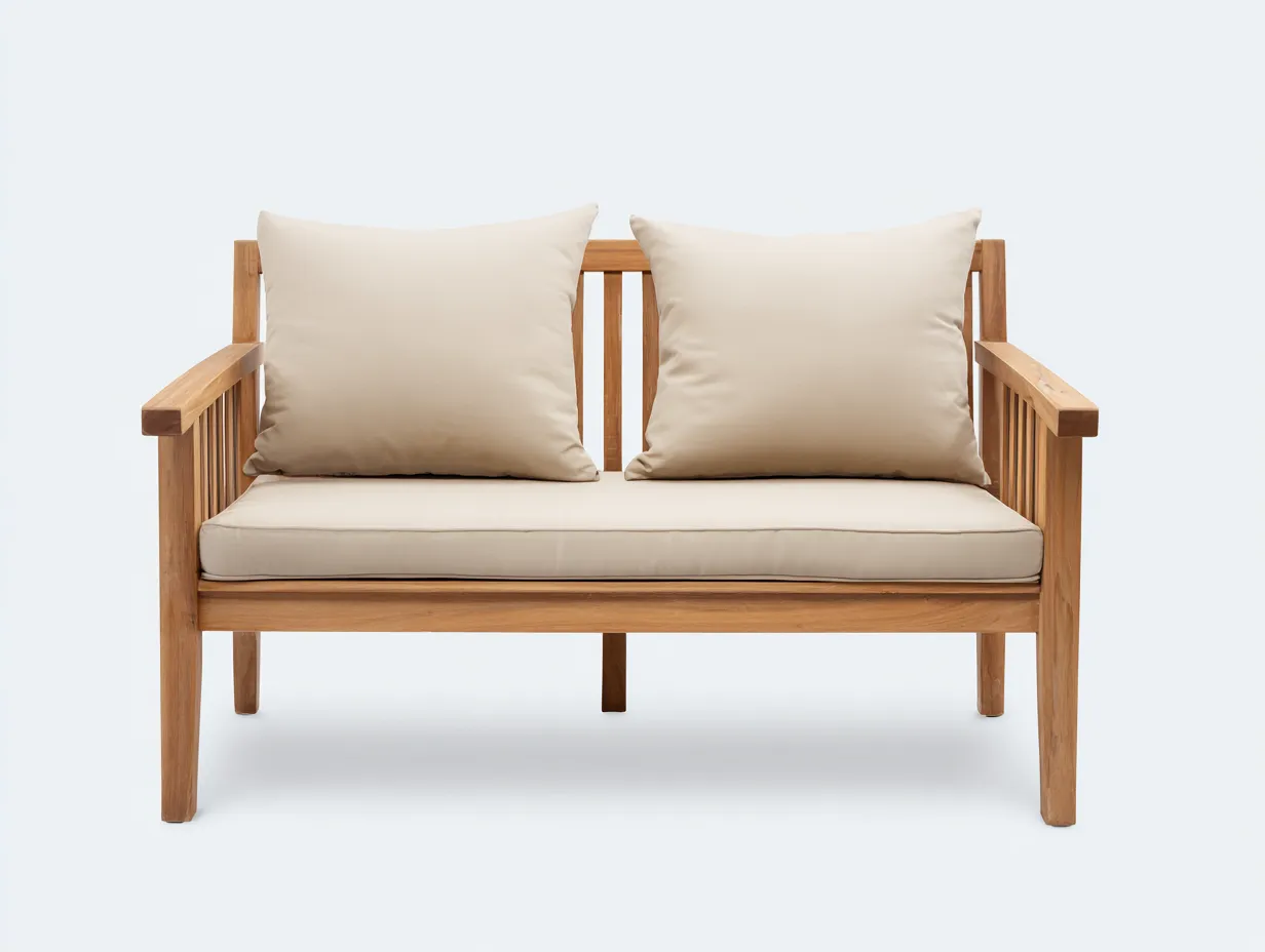 Sofá de exterior 2 plazas 158×79×82 cm - madera natural y crema - respaldo de listones-Davialyliving