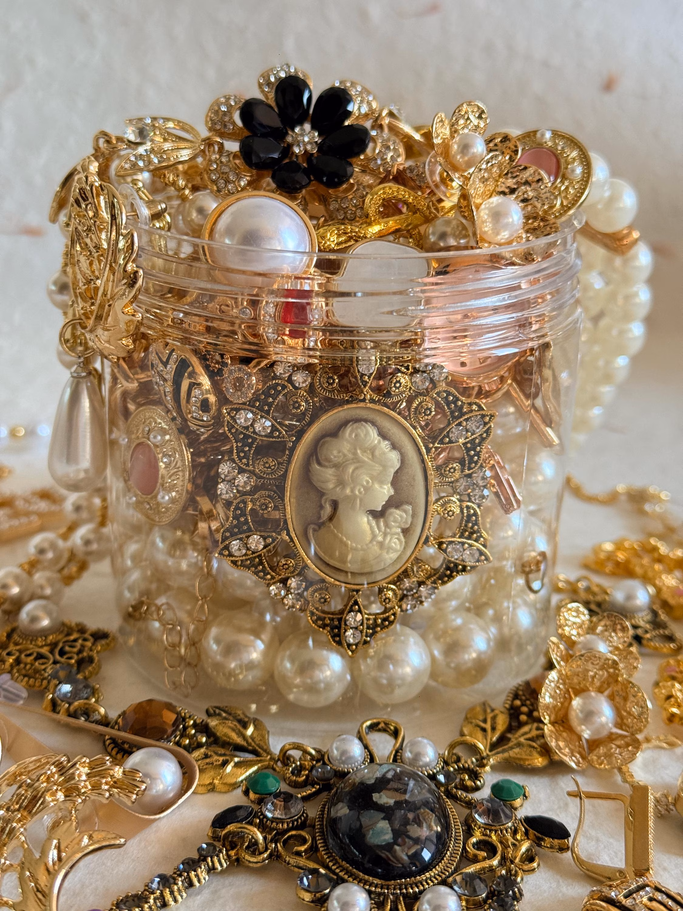 Vintage Inspired Gold Tone Mystery Jewelry Jar fashion jewelry assortment