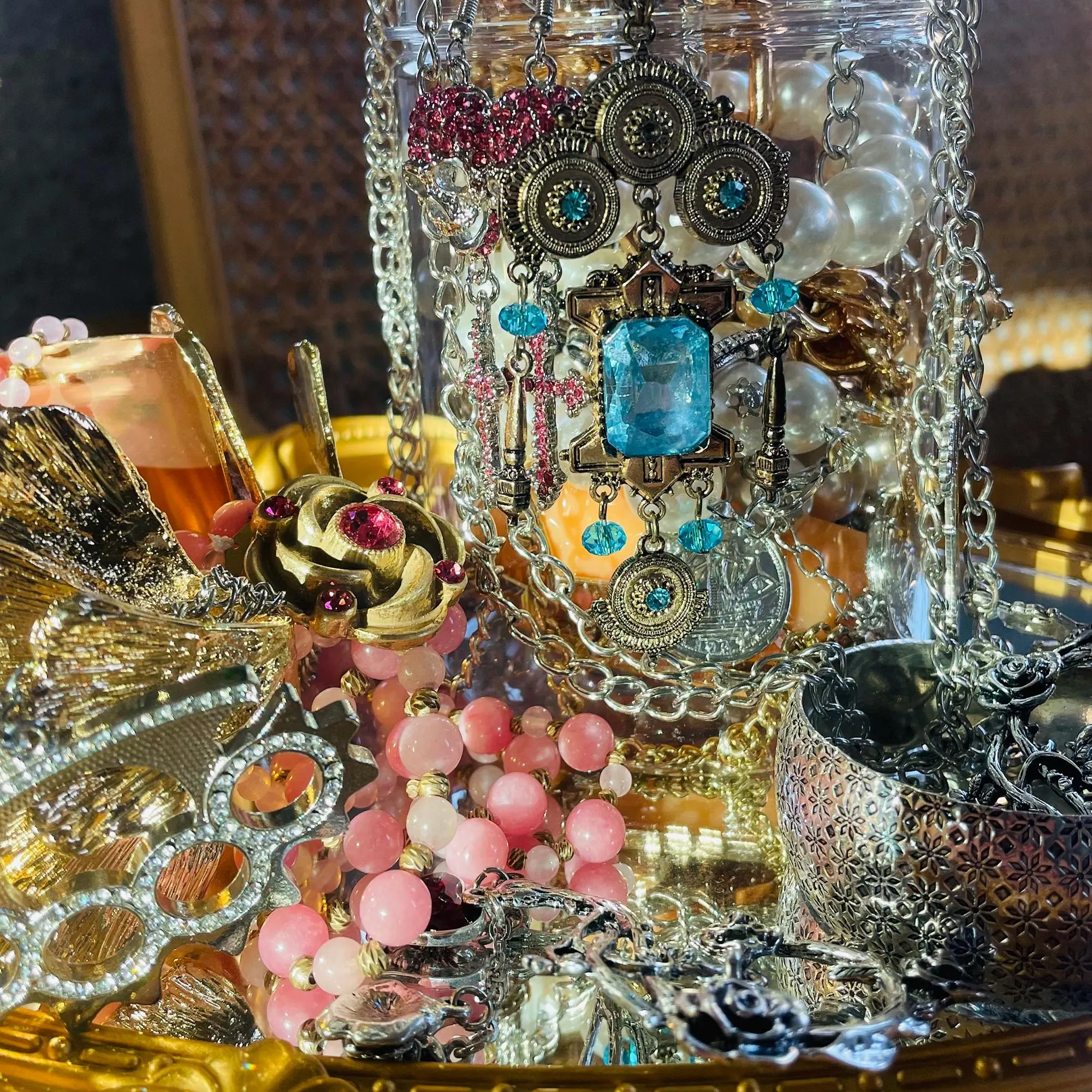 Pink Gold Tone Coquette Mystery Jewelry Jar fashion jewelry assortment
