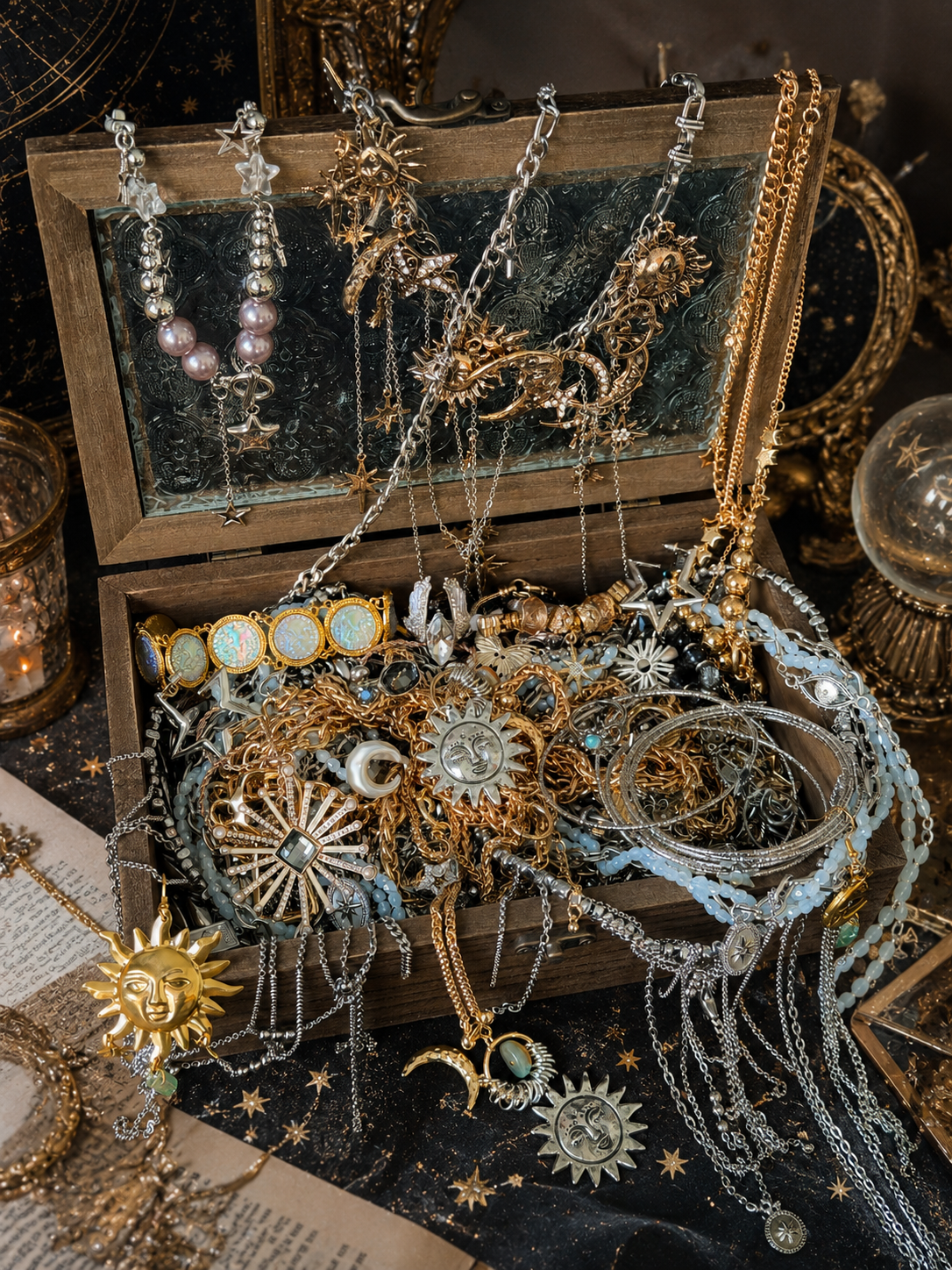 Celestial Gold Tone and Silver Tone Mystery Jewelry Jar fashion jewelry assortment
