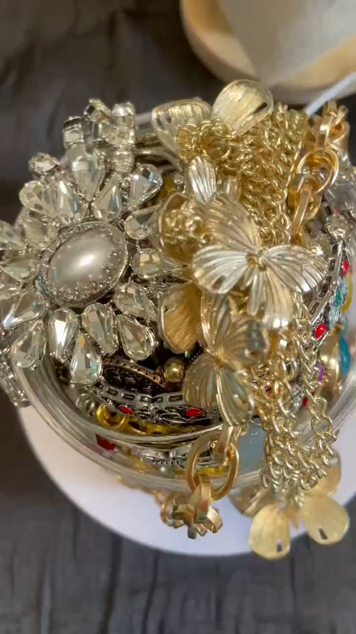 Vintage Inspired Gold Tone Mystery Jewelry Jar fashion jewelry assortment