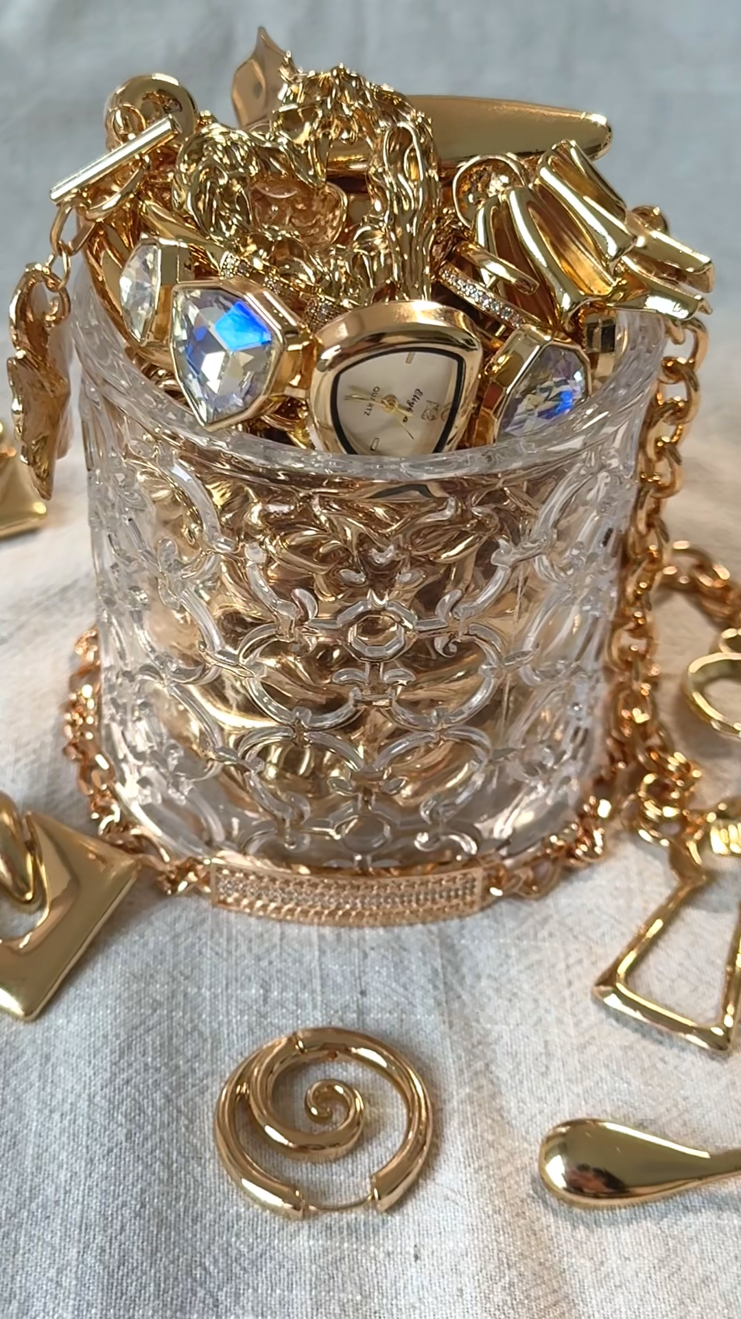 Gold Tone Geometric Mystery Jewelry Jar fashion jewelry assortment